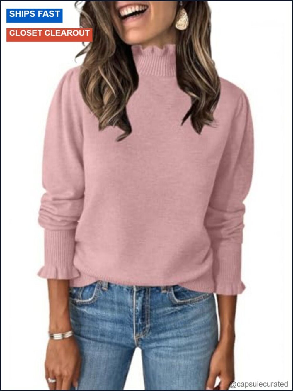 Ruffle Mock Neck Pullover Sweater Puff Long Sleeve Cozy Knit Tops